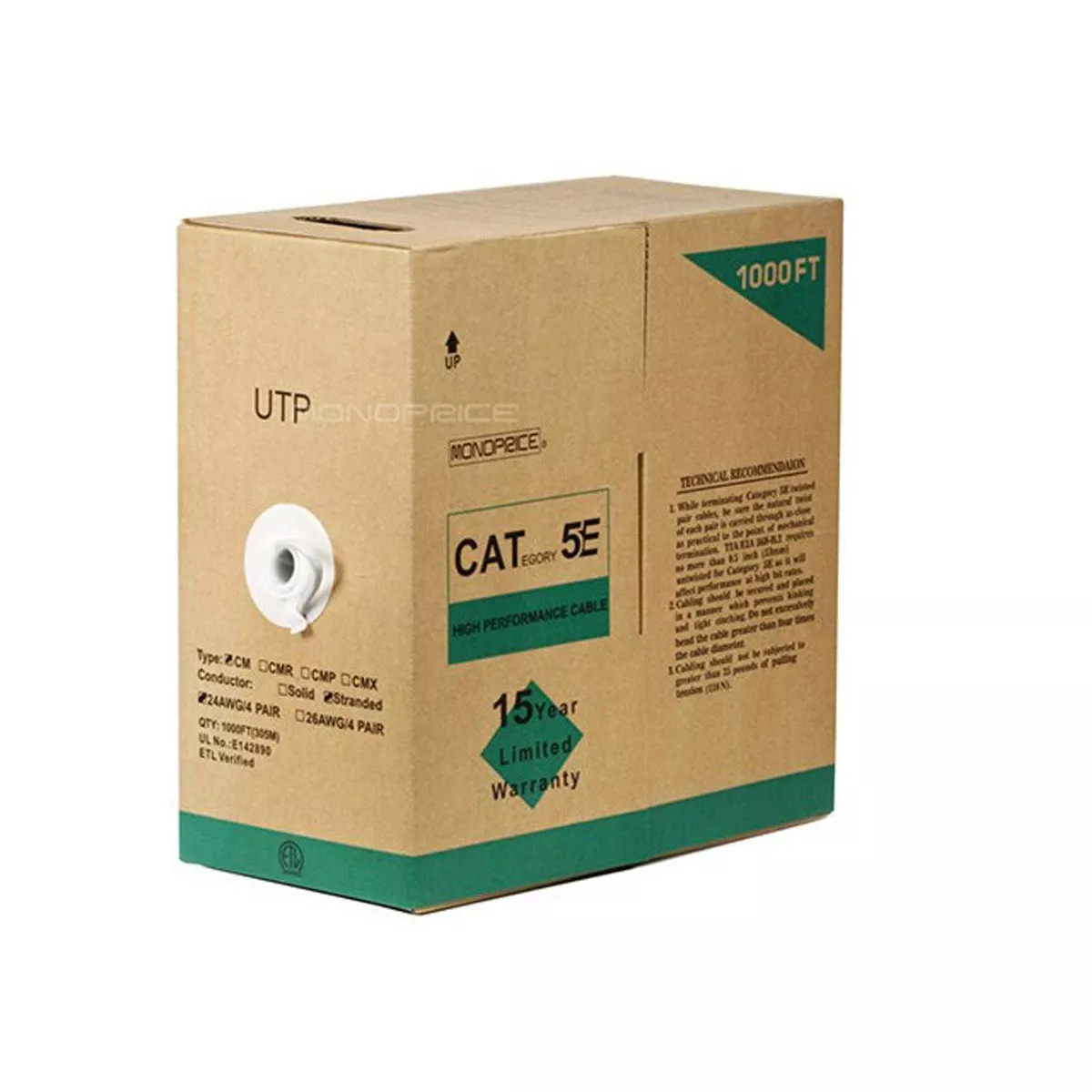 Monoprice Cat5e Ethernet Bulk Cable - 1000 Feet - Gray | Network Internet Cord - Stranded, 350Mhz, UTP, CM, Pure Bare Copper Wire, 24AWG