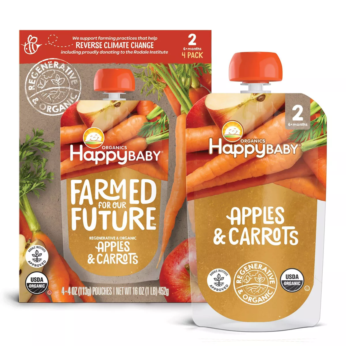HappyBaby Farmed for Our Future 4pk Regenerative & Organic Apples & Carrots Baby Food Pouch - 16oz
