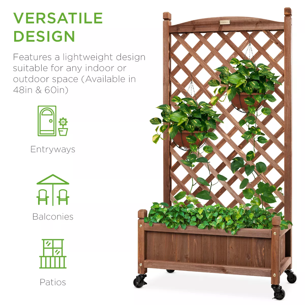Best Choice Products Set of 2 48in Wood Planter Box & Diamond Lattice Trellis, w/ Drainage, Optional Wheels - Walnut