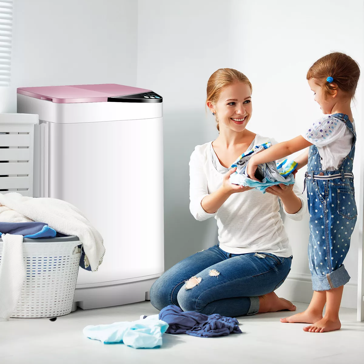 Full-Automatic Washing Machine 7.7 lbs Washer/Spinner Germicidal UV Light Pink