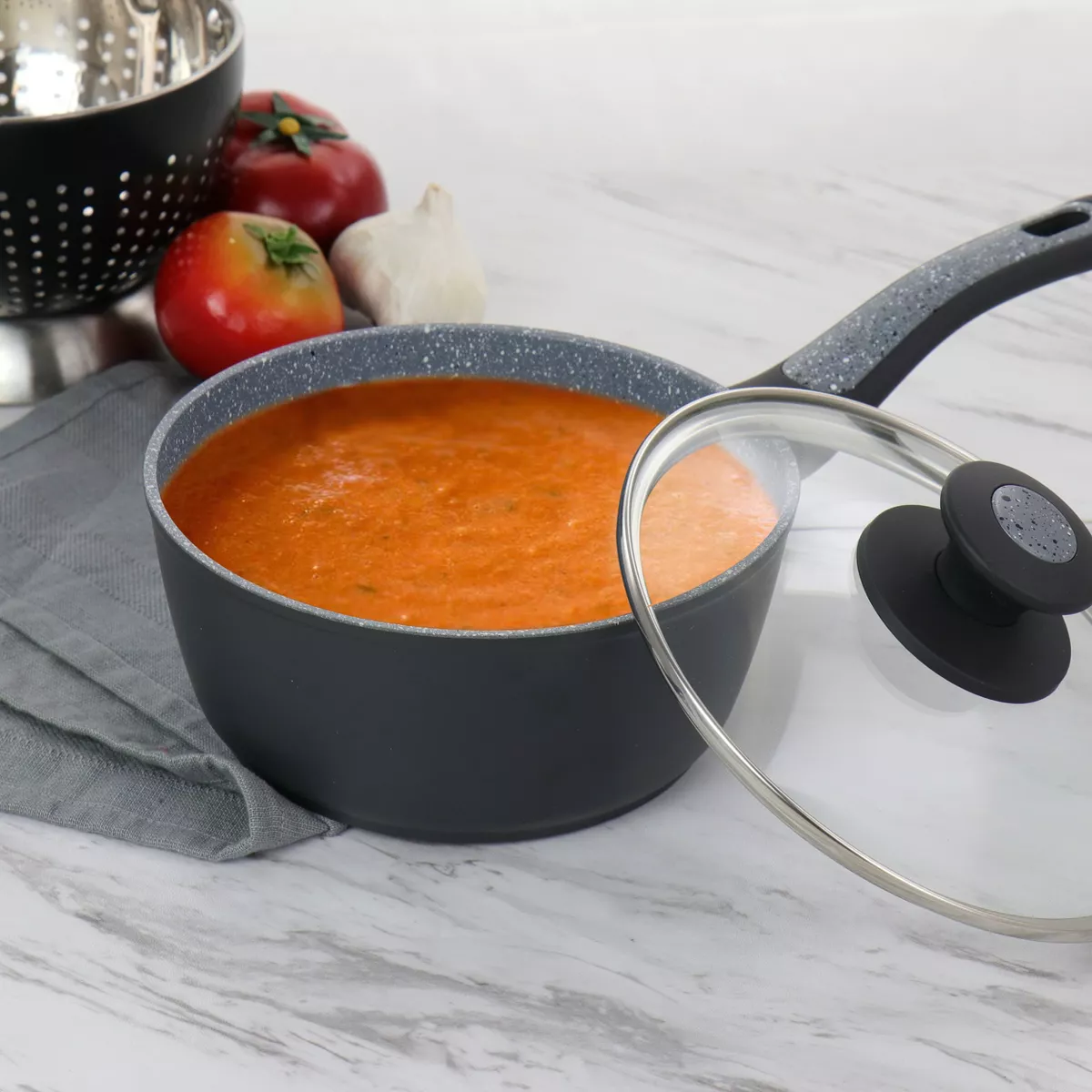 Oster 1.7 Quart Non Stick Saucepan with Glass Lid in Grey