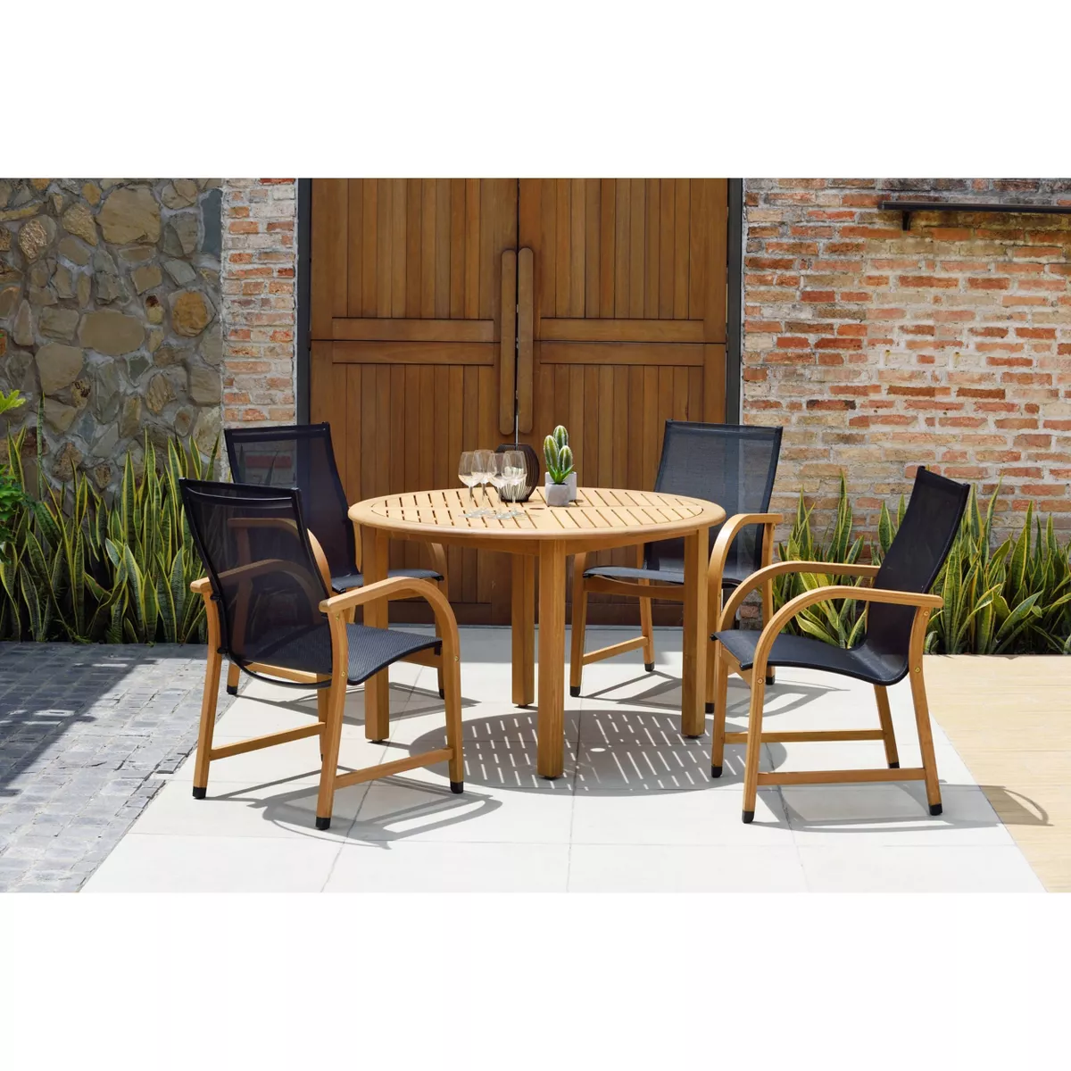 Gables 5pc Teak Finish Round Patio Dining Set - Black - Amazonia