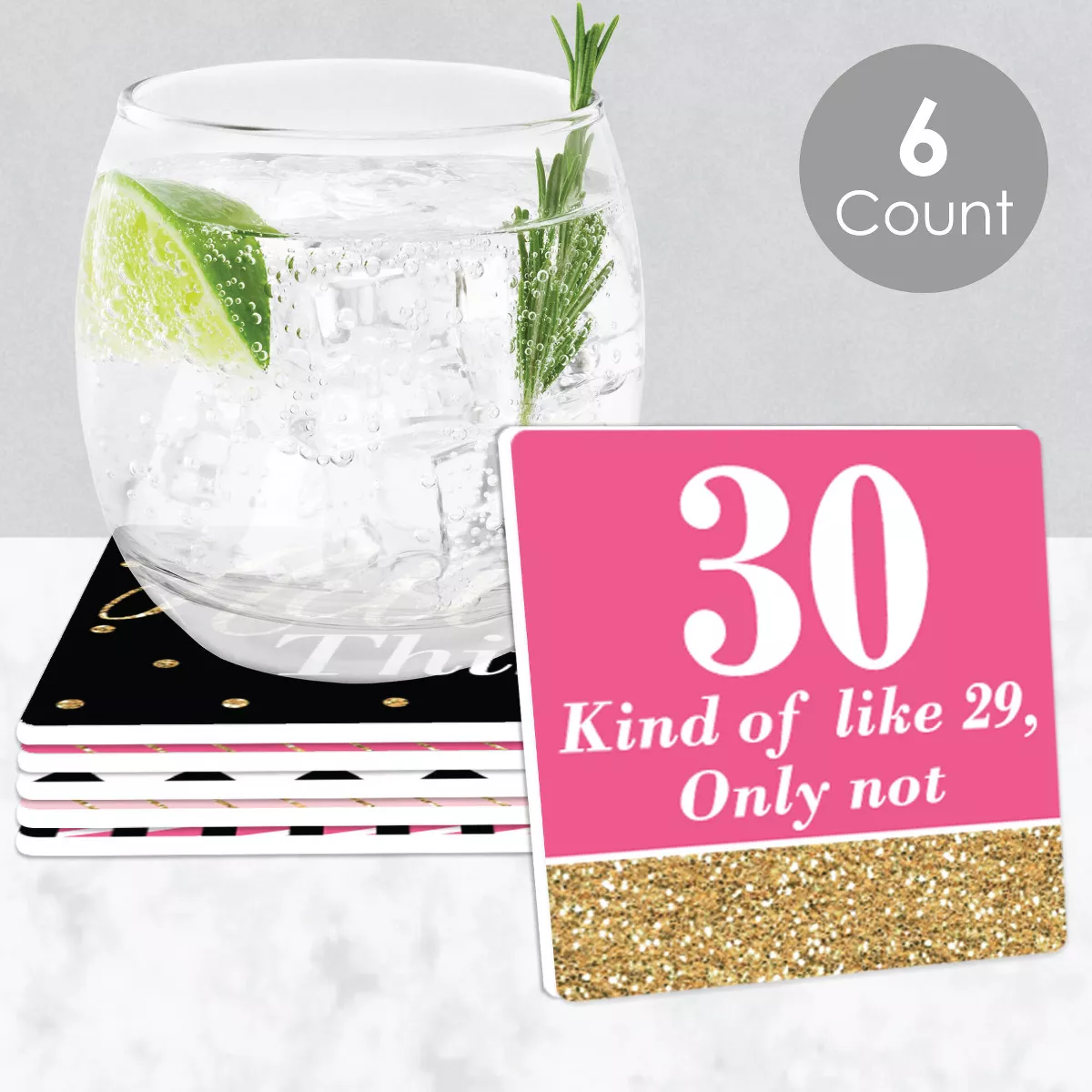 Big Dot of Happiness Chic 30th Birthday - Pink, Black and Gold - Funny Birthday Party Decorations - Drink Coasters - Set of 6