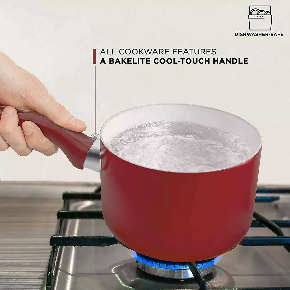 Ivation Ceramic Cookware | 16-Piece Nonstick Cookware Set with Induction Base, SoftGrip Handles & Clear Glass Lids | Compatible with Induction, Ceramic, Gas, Electric & Halogen Cooktops | Red