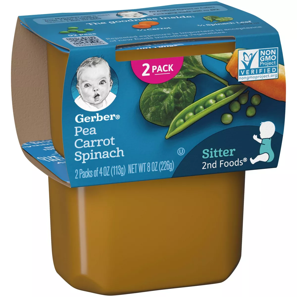 Gerber Sitter 2nd Foods Pea Carrot Spinach Baby Meals Tubs - 2ct/4oz Each