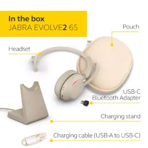 Jabra Evolve2 65 USB-C UC Mono with Charging Stand - Beige Wireless Headset / Music Headphones