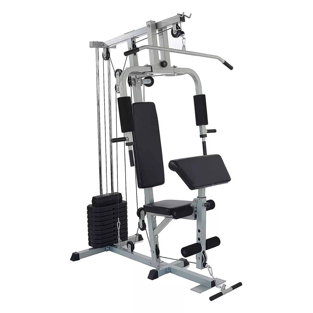 Sporzon! Home Gym Exercise Equipment Bench Workout Station with 330 Pound Resistance, 125 Pound Weight Stack, Detachable Bars, & 4 Roll Leg Developer