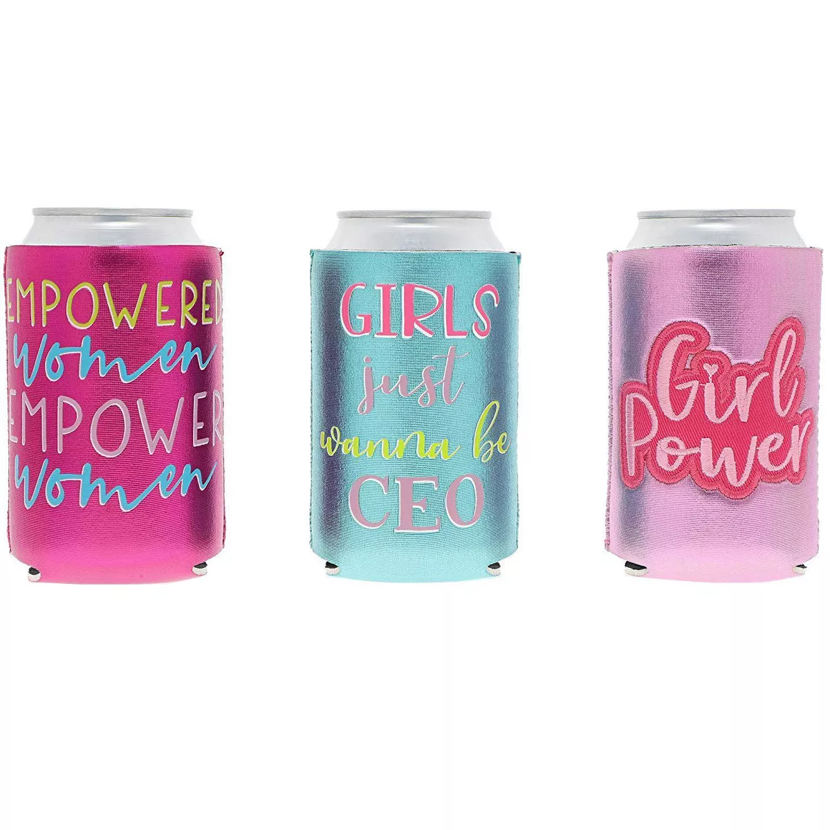 6-Pack Metallic Can Cooler Sleeves, 12 oz Insulated Beer & Soda Koozies, 6 Cute Girl Power Designs for Women, Girls Night Out Parties, Blue & Pink