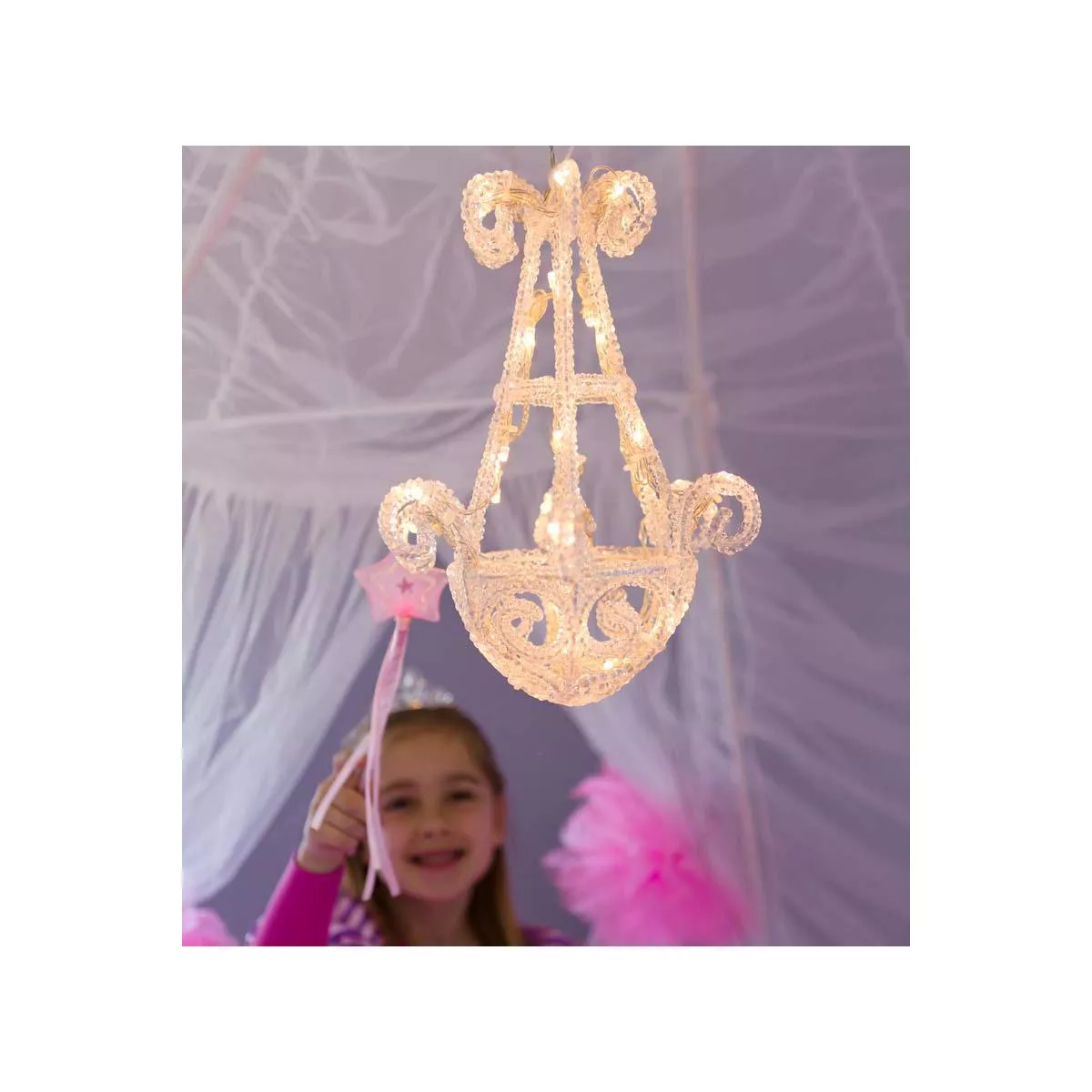 HearthSong - Kids Fairy-Tale Twing Bed Tent Canopy With Light-Up Beaded Chandelier, White