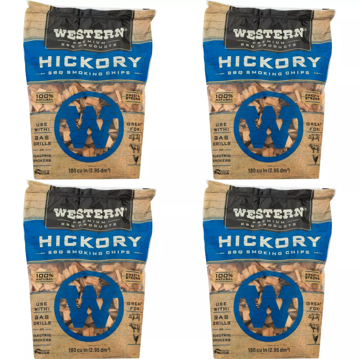 Western Premium BBQ 180 Cubic Inch Hickory Barbecue Flavorful Heat Treated Grilling Smoking Wood Chips for Charcoal Gas and Electric Grills (4 Pack)
