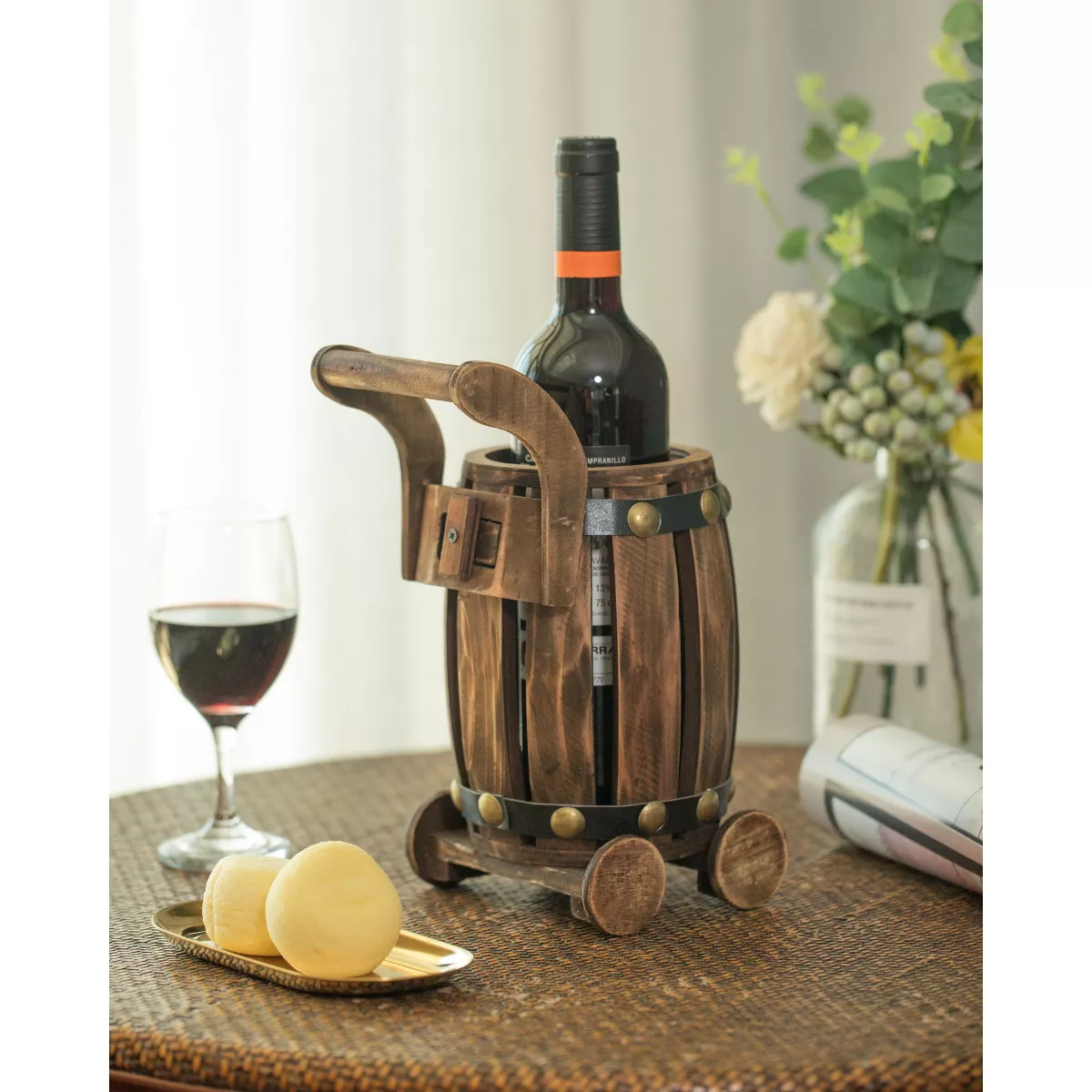 Vintiquewise Wooden Barrel Cart Vintage Decorative Shaped Single Bottle Wine Holder