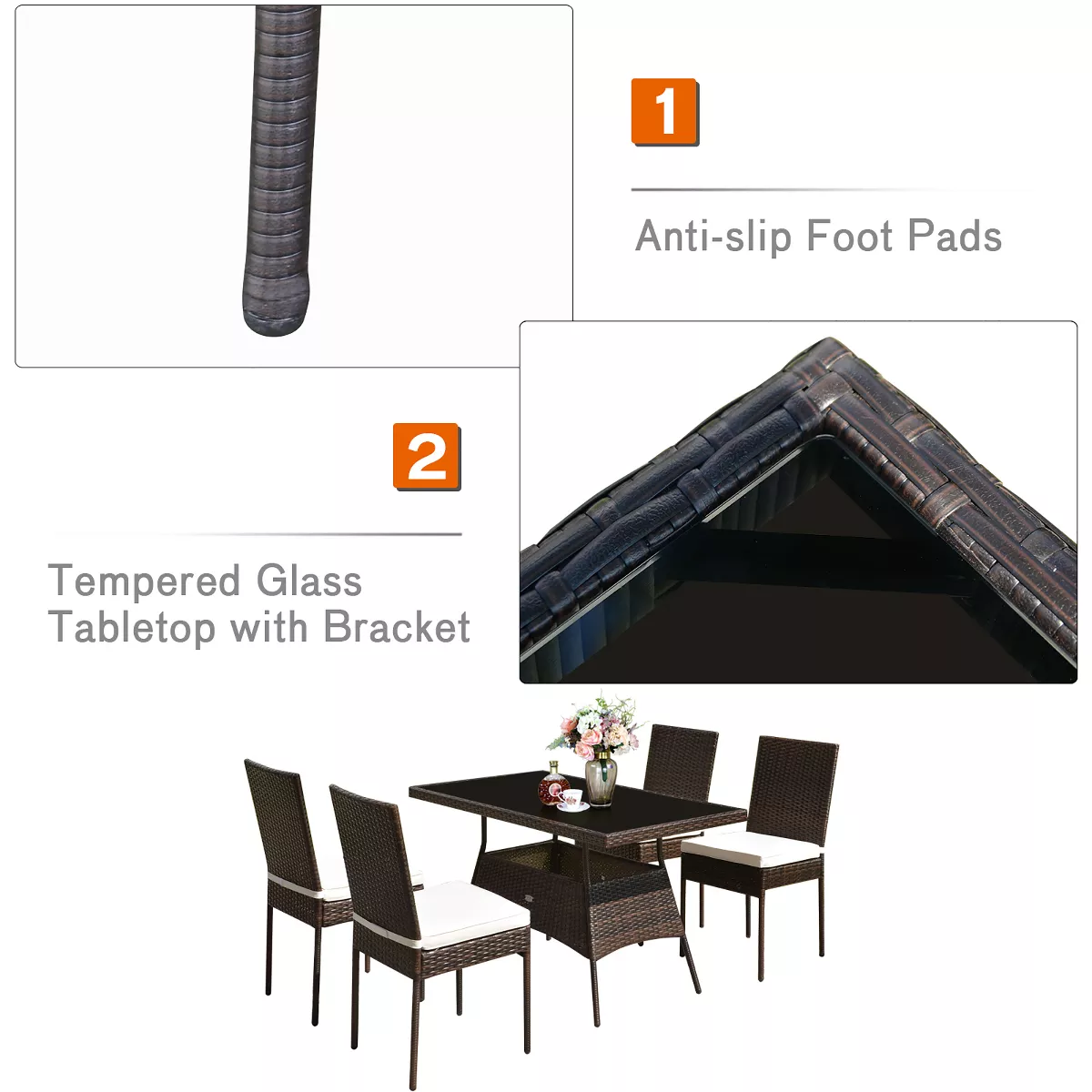 Costway 5 PCS Patio Rattan Dining Set Glass Table High Back Chair Garden Deck Mix Brown