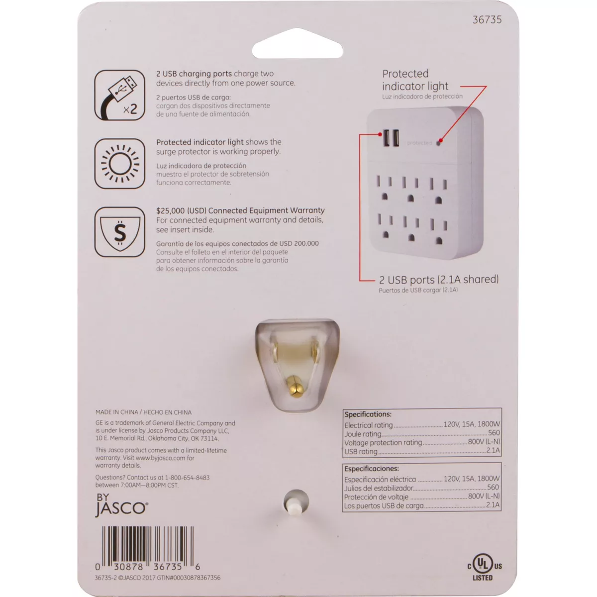 General Electric 6 Outlet 2 USB Port Surge Protector Wall Tap 560 White