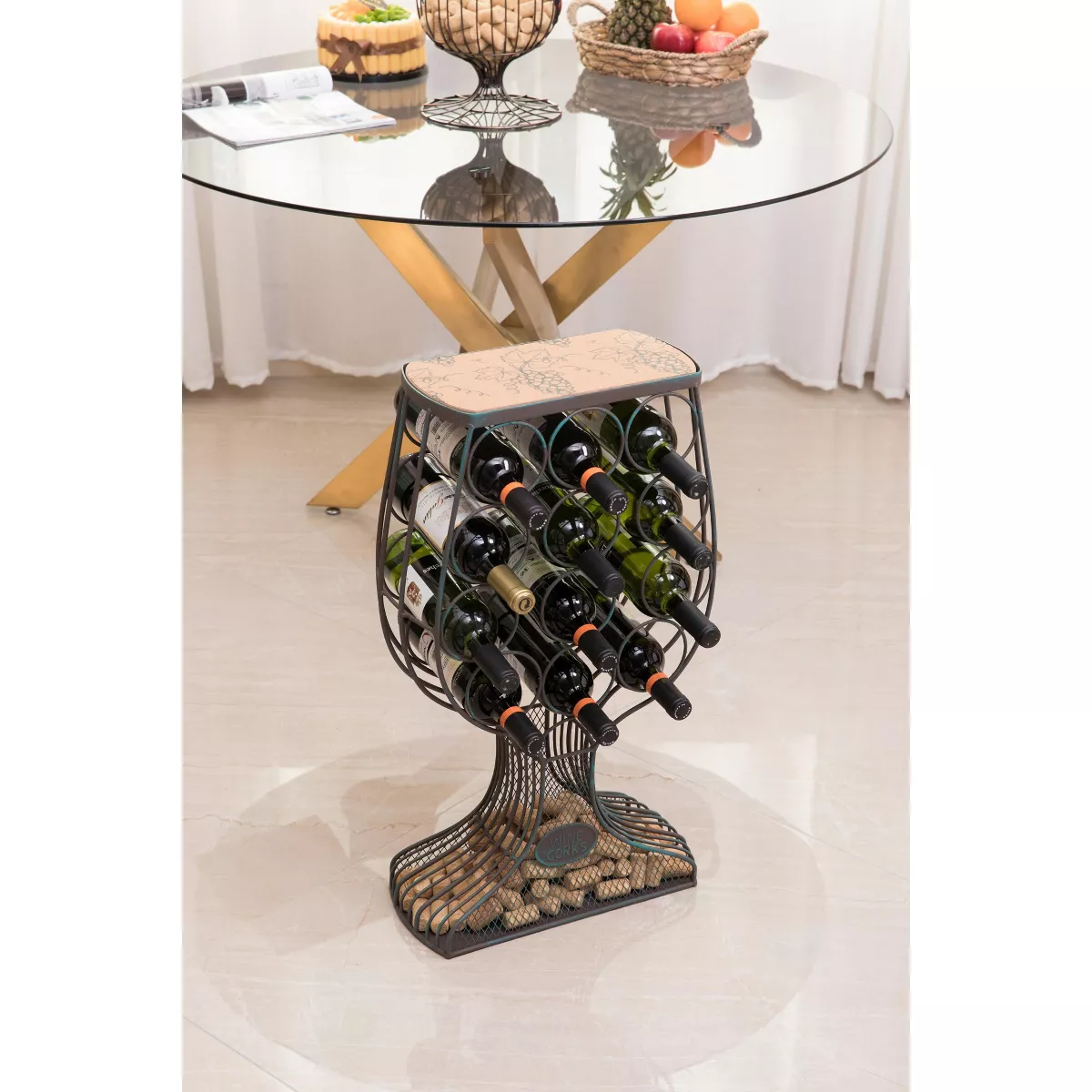 Vintiquewise Vintage Decorative Wooden Metal Goblet Shaped Freestanding Wine Rack with Cork Holder