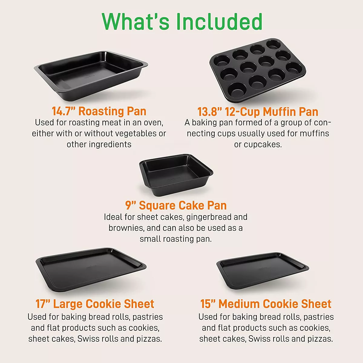 NutriChef Deluxe Nonstick Carbon Steel Stackable 10 Piece Kitchen Oven Bakeware Set with Roasting Pan, Cake Pan, and More, Gray