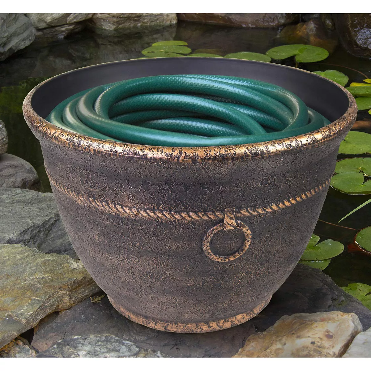 Liberty Garden 1925 Banded High Density Resin Outdoor Garden Hose Pot with Drainage for Backyard, Garden, or Home, Antique Bronze
