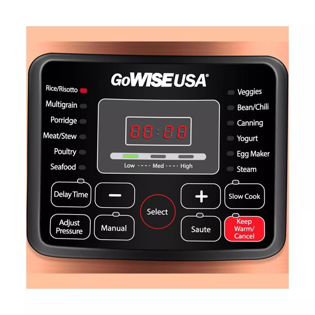 GoWISE USA 8-Quart 12-in-1 Electric Pressure Cooker, Ceramic Pot, Rack, Basket, Measuring Cup, Spoon, and 50-Recipe Book, Copper