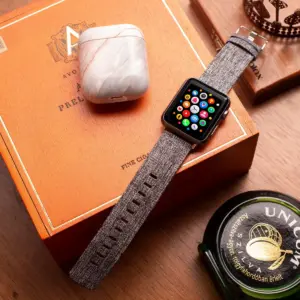 Insten Canvas Woven Fabric Band for Apple Watch 42mm 44mm All Series SE 6 5 4 3 2 1, For Women Girls Men Replacement Strap, Black Gray