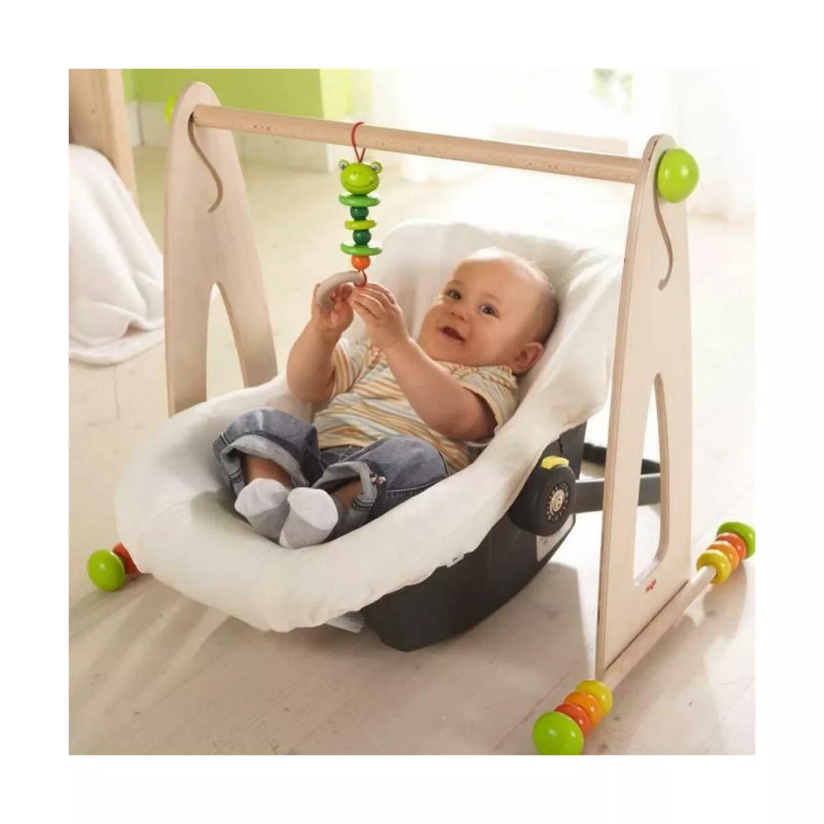 HABA Color Fun Play Gym - Wooden Activity Center with Adjustable Height, Sliding Discs and Dangling Frog