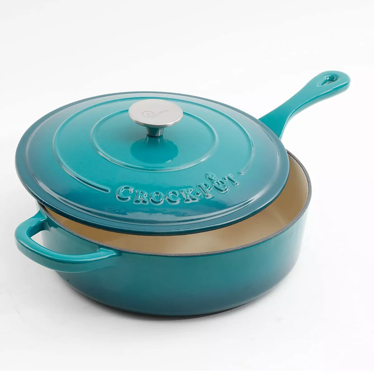 Crock Pot 112013.02 Artisan 3.5 Quart Enameled Cast Iron Saute Pan with Matching Lid and Non Stick Interior, Teal Ombre