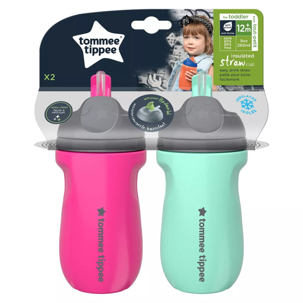 Tommee Tippee 2pk Insulated Straw Toddler Cup - Pink/Mint - 9oz