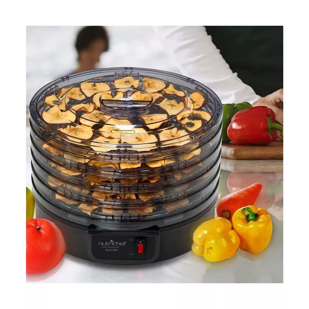 NutriChef PKFD14BK Kitchen Countertop Electric Food Dehydrator Preserver Machine with 5 Stackable Tray Racks for Jerky, Meat, Fruit, and Vegetables
