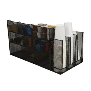 Mind Reader 14 Compartment 3 Tier Large Breakroom Condiment Organizer, Black Metal Mesh