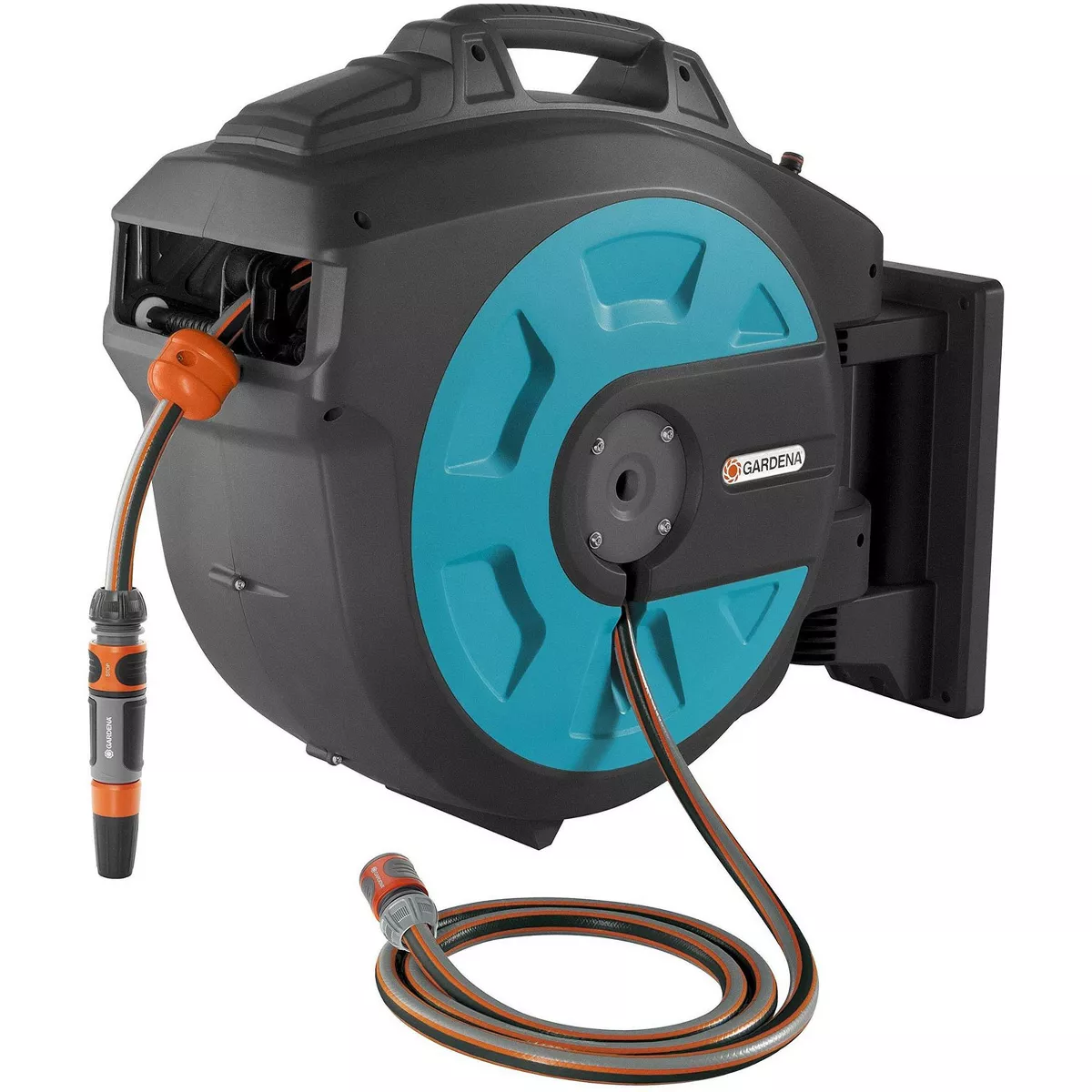 Gardena 8136 5,200 Square Foot Pulsating Vertical Lawn Sprinkler on Spike Bundle with Gardena Comfort 82 Foot Wall Mounted Swivel Hose Reel Box