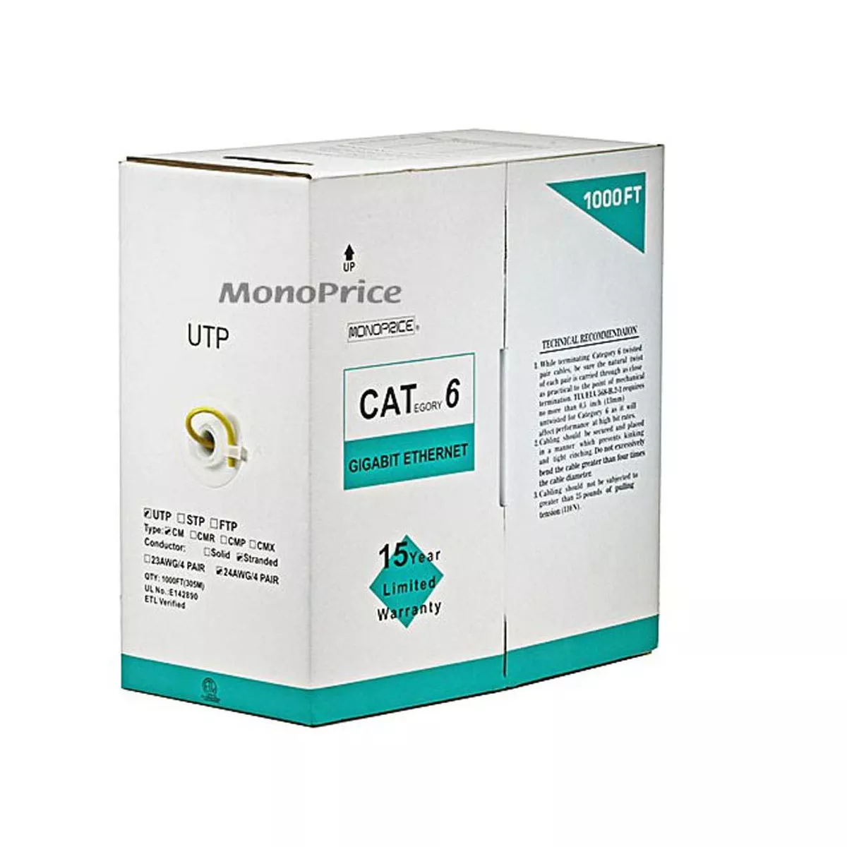 Monoprice Cat6 Ethernet Bulk Cable - 1000 Feet - Yellow | Network Internet Cord - Stranded, 550Mhz, UTP, Pure Bare Copper Wire, 24AWG