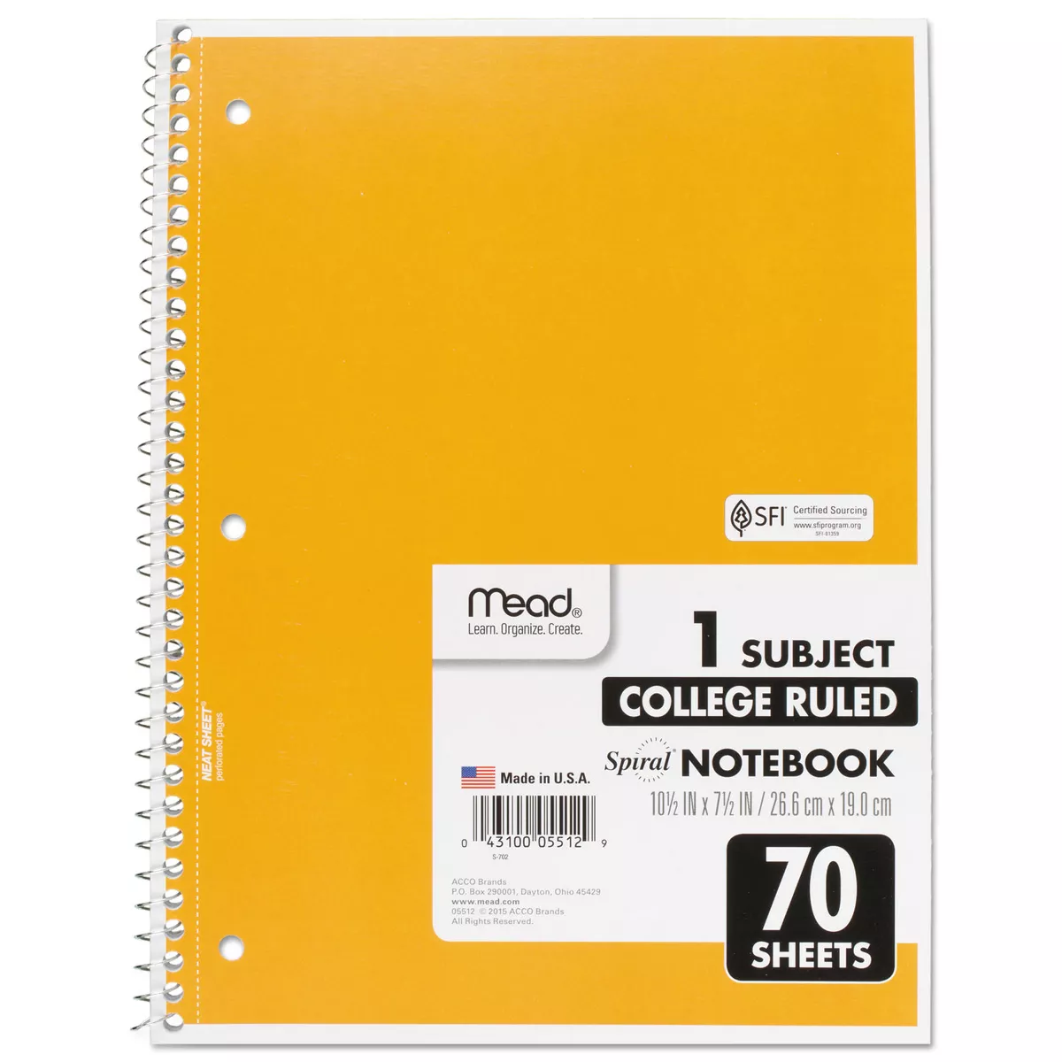 Mead Spiral Bound Notebook Perforated College Rule 10 1/2 x 8 White 70 Sheets 05512