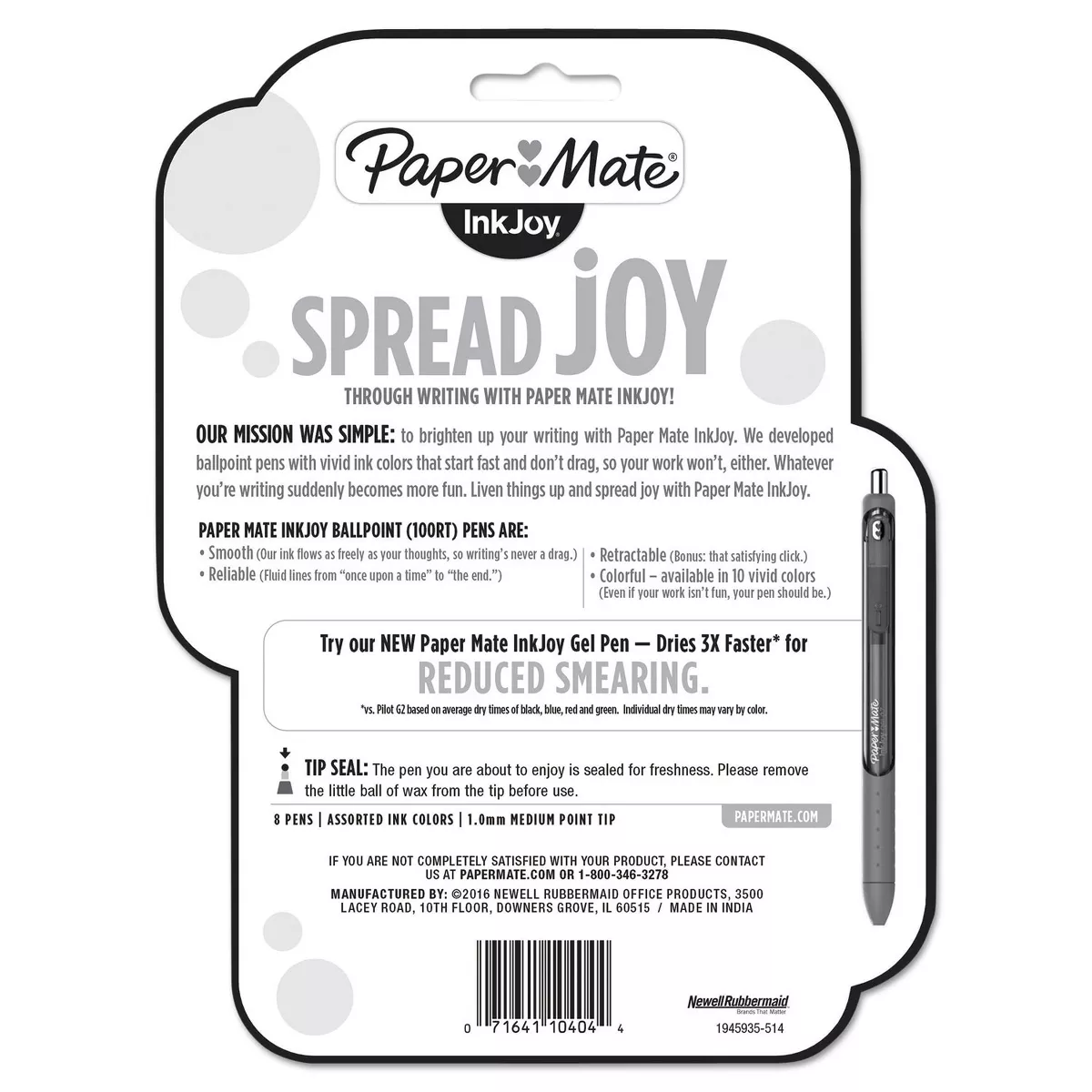 Paper Mate InkJoy 100 RT Retractable Ballpoint Pen 1mm Assorted 8/Pack 1945935