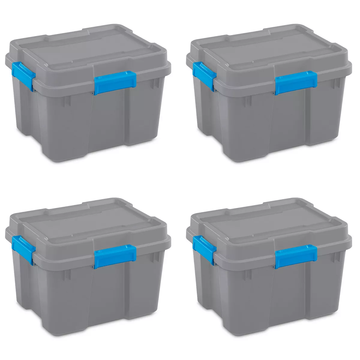 Sterilite 20 Gallon Heavy Duty Plastic Gasket Tote Stackable Storage Organization Container Box with Lid and Latches, Titanium Gray/Blue (4 Pack)