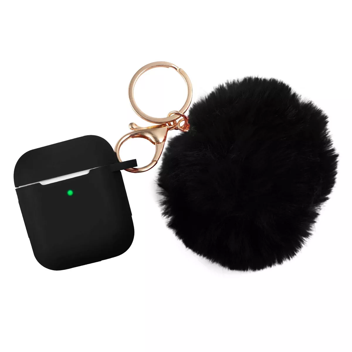 Insten Fluffy Pom Pom Case For Airpods 1 / 2, Silicone Carry Case with Keychain & Anti-Lost Strap, Soft Touch Protective Skin Cover, Black