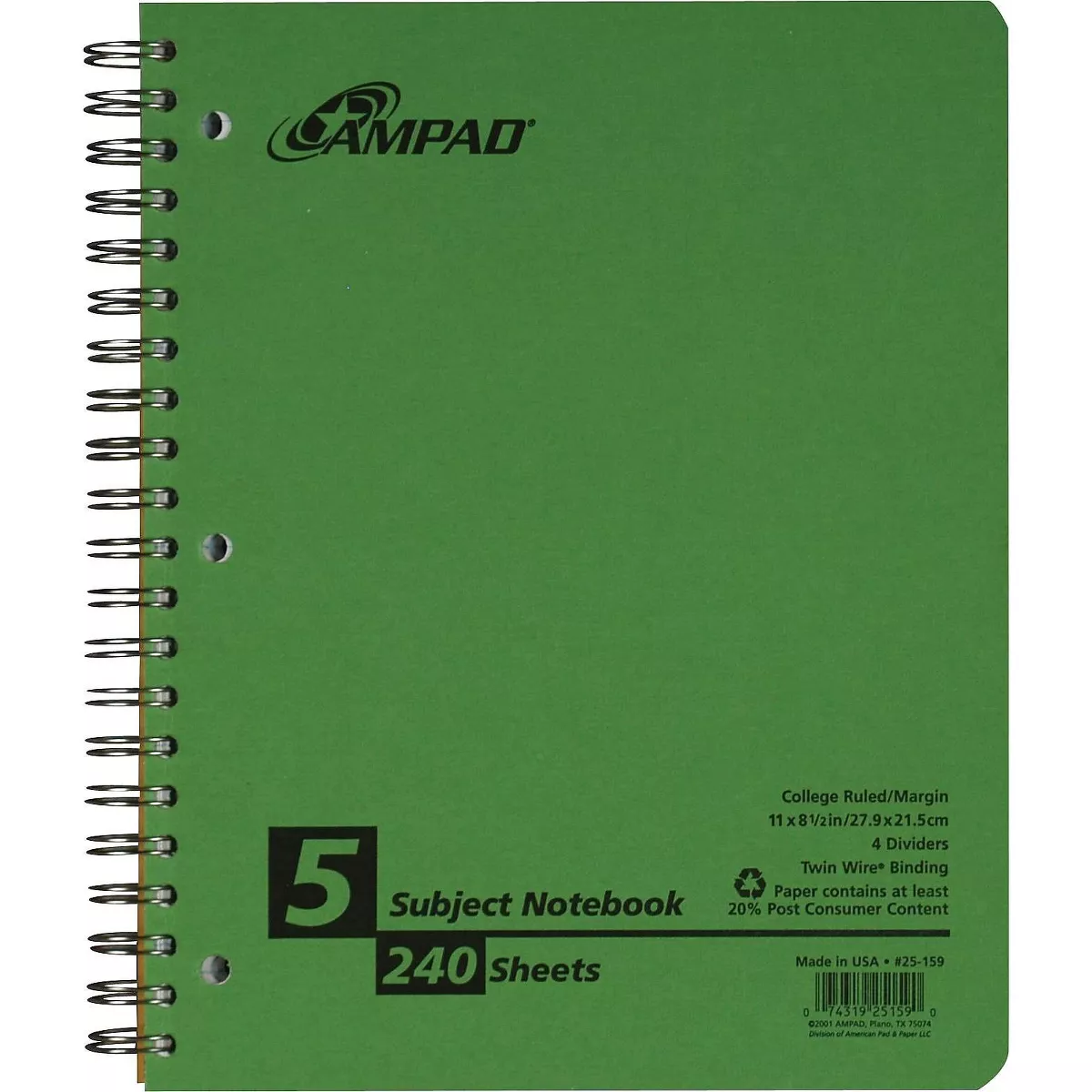 Oxford Earthwise Recycled 5-Subject Notebook, 8 25-159R