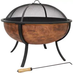 Sunnydaze Outdoor Portable Camping or Backyard Large Round Fire Pit Bowl with Spark Screen, Wood Grate, and Log Poker - 32