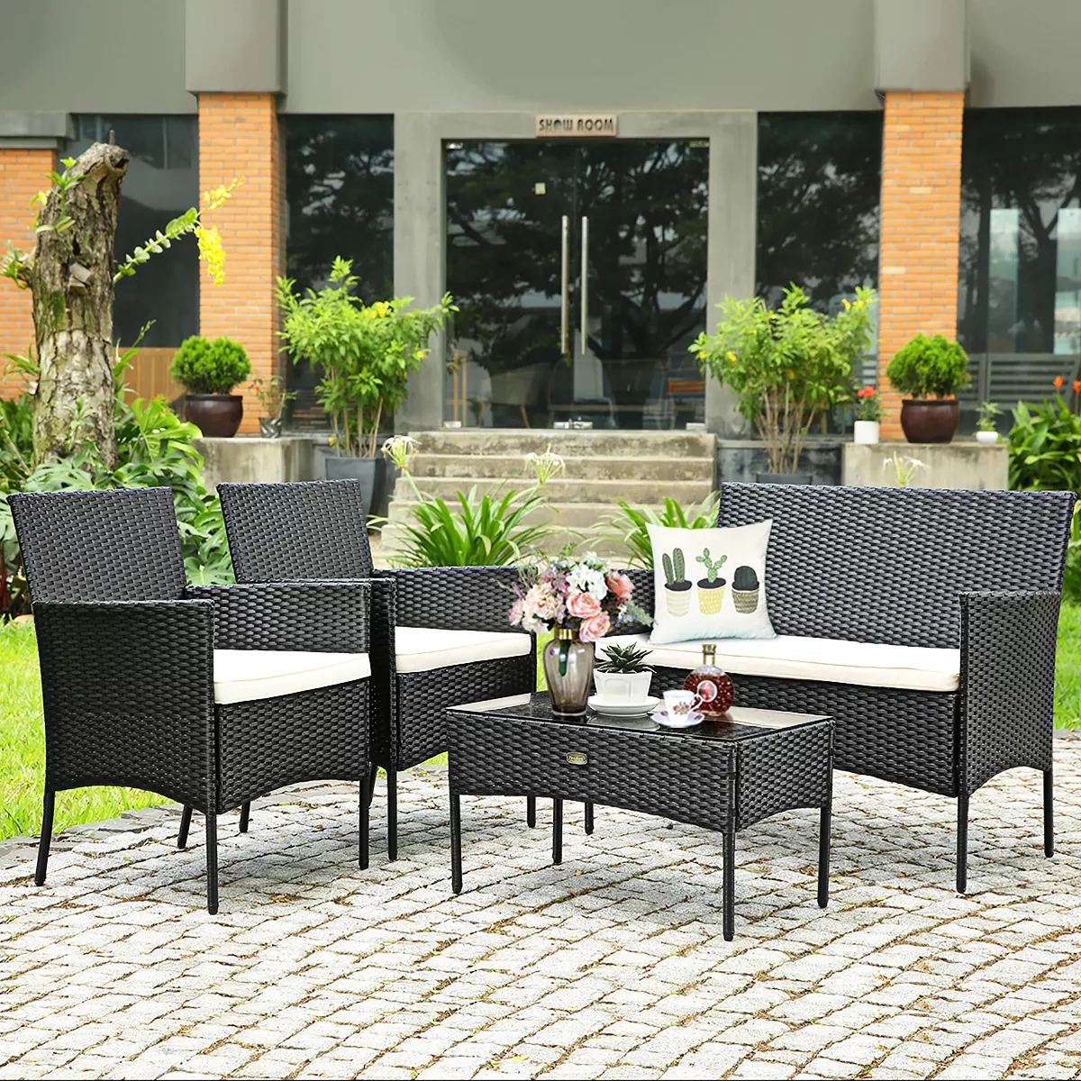 Costway 4PCS Patio Rattan Furniture Set Cushioned Sofa Coffee Table Backyard Porch