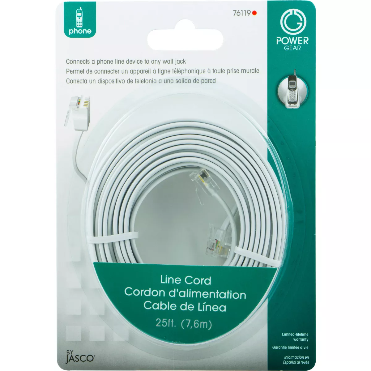 Power Gear Telephone Line Cord, 25ft - Black or White