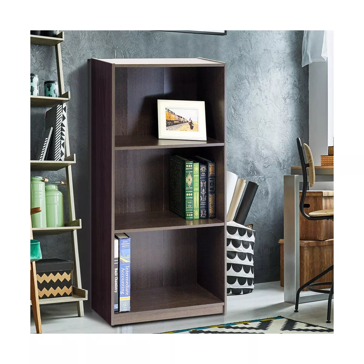 Furinno Basic Simple Sleek Wooden 3 Tier Open Bookcase Display Storage Shelf for Home Rooms and Office Organization, Dark Brown