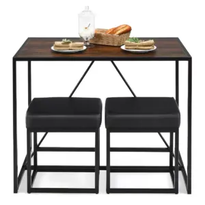 Costway 3pcs Dining Set Metal Frame Kitchen Table and 2 Stools Home Breakfast