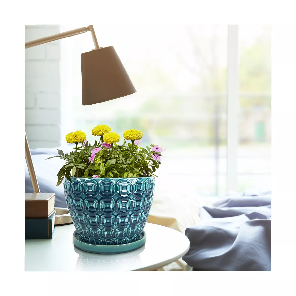 Southern Patio 12 Inch Ceramic Clay Mayer Flower Planter & Saucer Tray, Seafoam