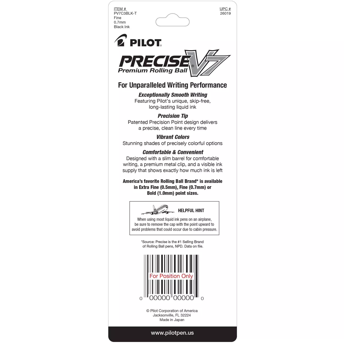 Pilot 3ct Precise V7 Rolling Ball Pens Fine Point 0.7mm Black
