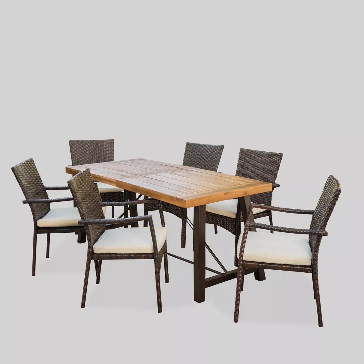 Laguna 7pc Acacia Wood/Wicker Patio Dining Set - Brown/Cream - Christopher Knight Home