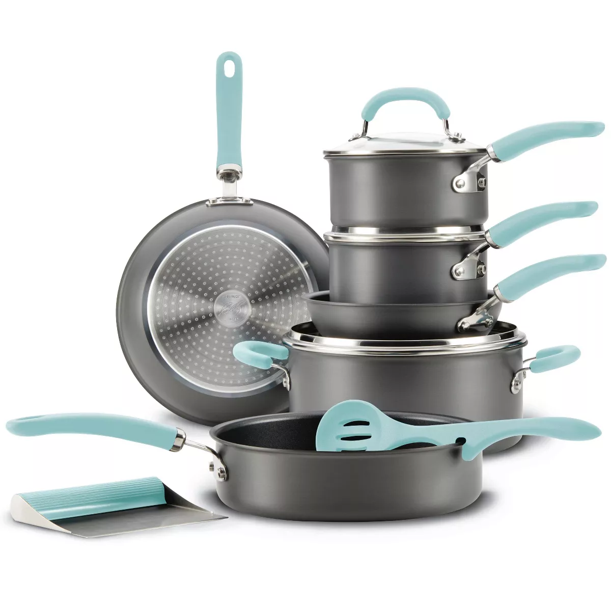 Rachael Ray Create Delicious 11pc Hard Anodized Nonstick Cookware Set Light Blue Handles