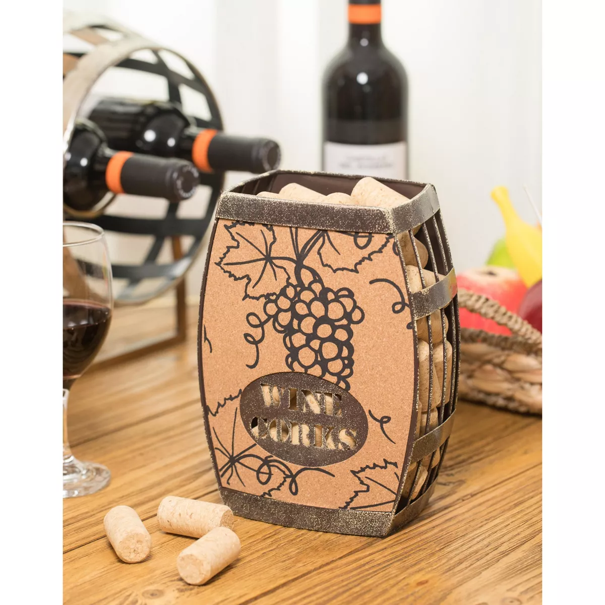 Vintiquewise Vintage Decorative Metal Barrel Shaped Tabletop Countertop Wine Cork Holder