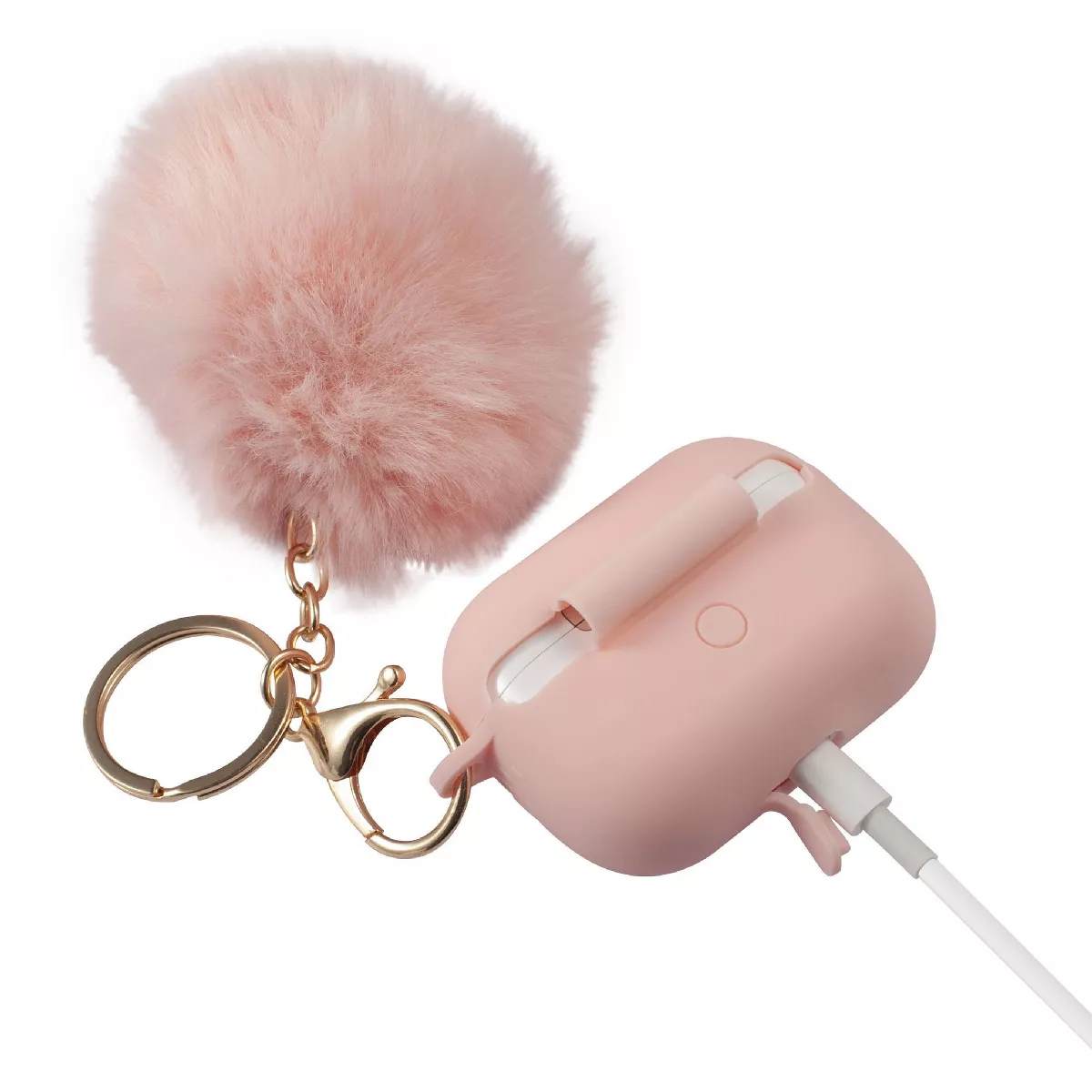 Insten Fluffy Pom Pom Case For Airpods Pro, Silicone Case with Keychain & Anti-Lost Strap, Soft Touch Skin, Protective Cover, Pink