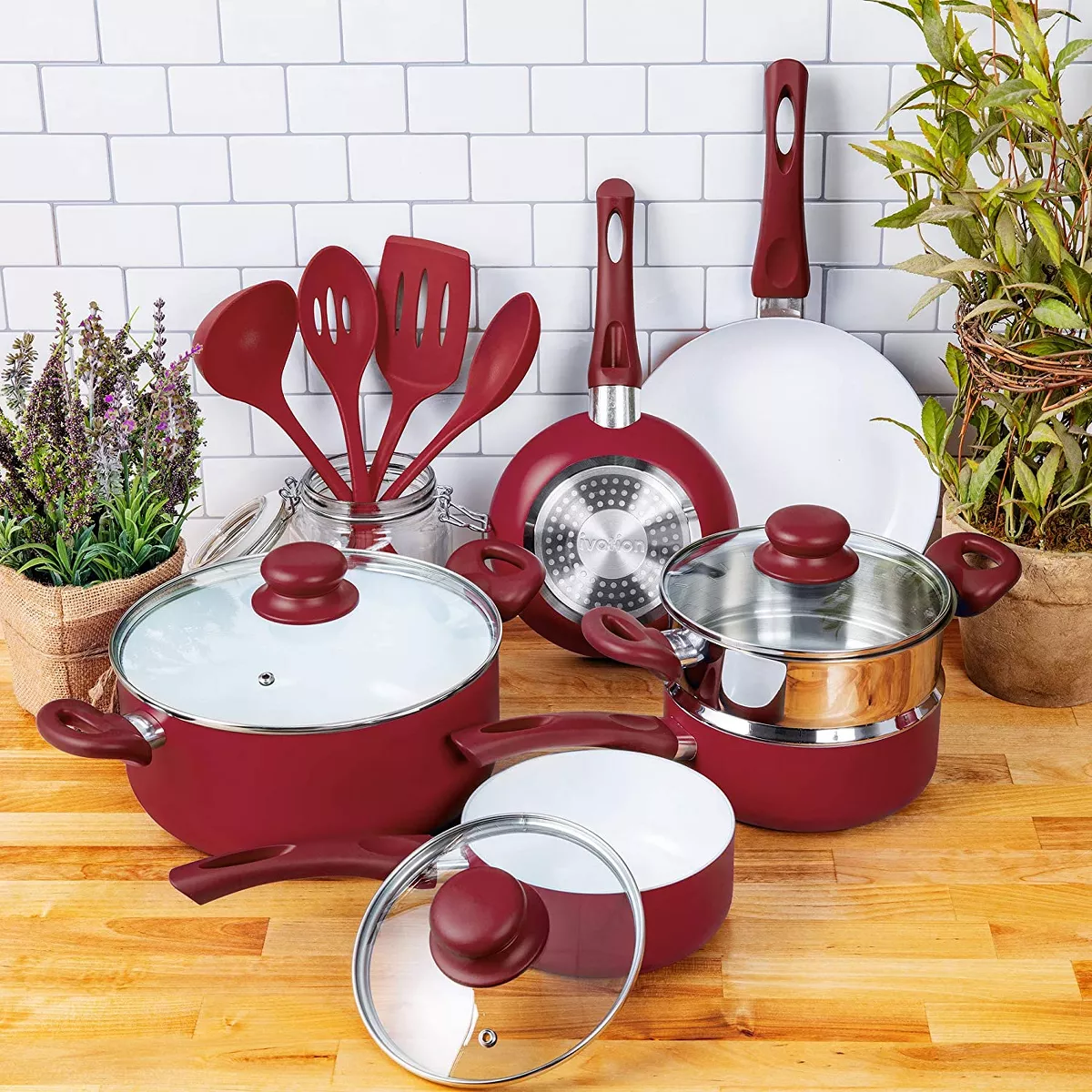 Ivation Ceramic Cookware | 16-Piece Nonstick Cookware Set with Induction Base, SoftGrip Handles & Clear Glass Lids | Compatible with Induction, Ceramic, Gas, Electric & Halogen Cooktops | Red