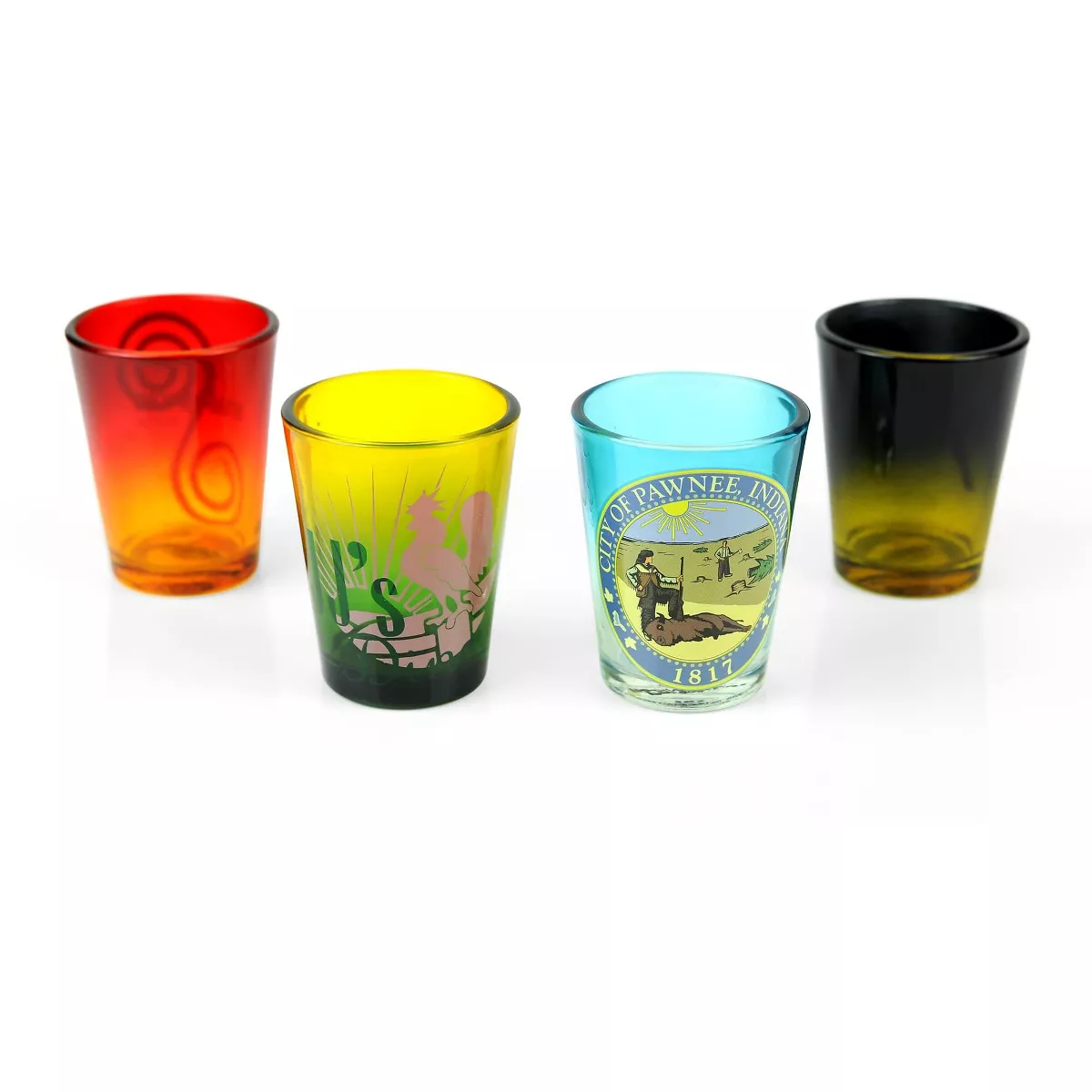 Surreal Entertainment Parks and Recreation Location Logos 4 Piece Shot Glass Set