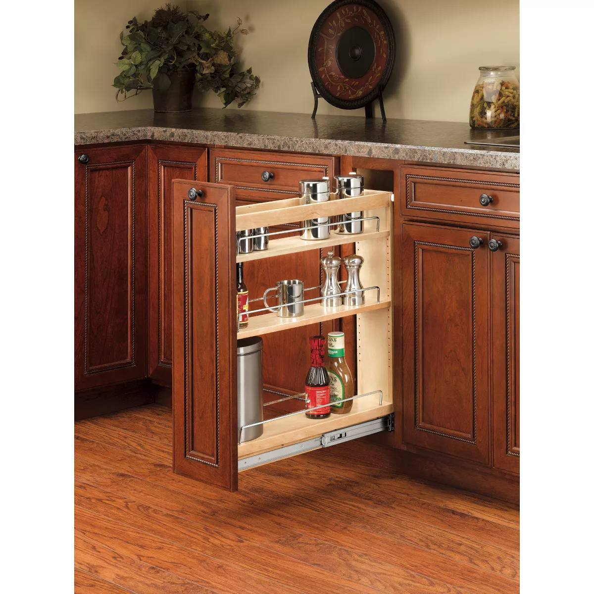 Rev-A-Shelf 448-BC19-5C 5 Inch x 19 Inch Pull Out Wood Base Kitchen Cabinet Organizer with 3 Adjustable Shelves, Natural Maple Wood