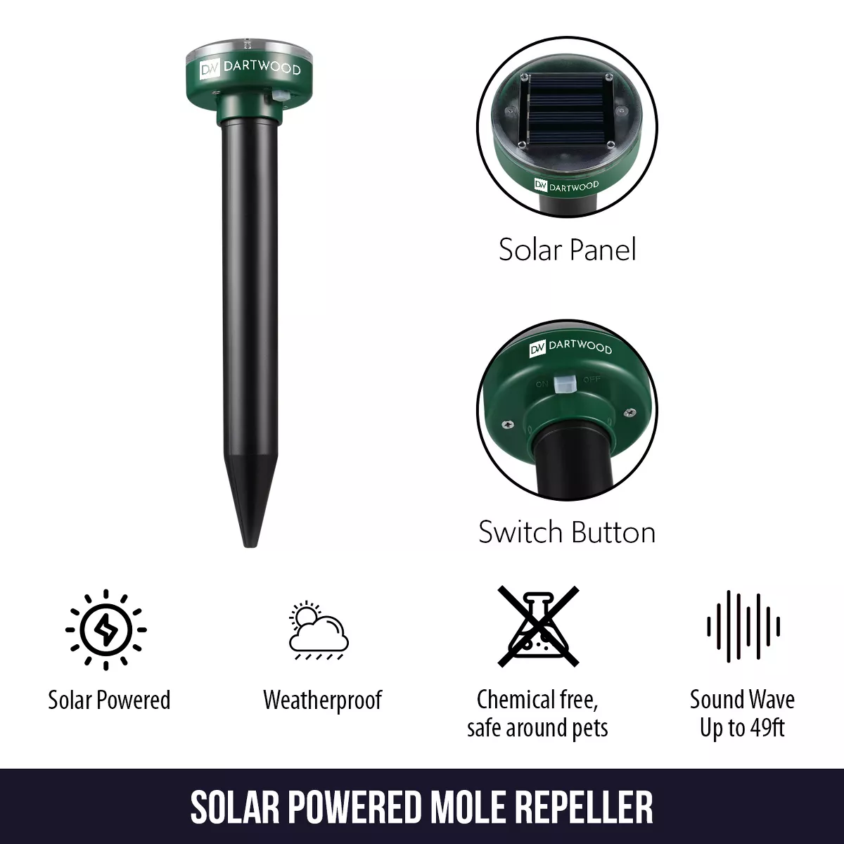 Dartwood Outdoor Solar Ultrasonic Pest and Mole Repellent for Groundhogs, Rats, Mice, Snakes in Your Gardens, Lawns and Yards (2 Pack)