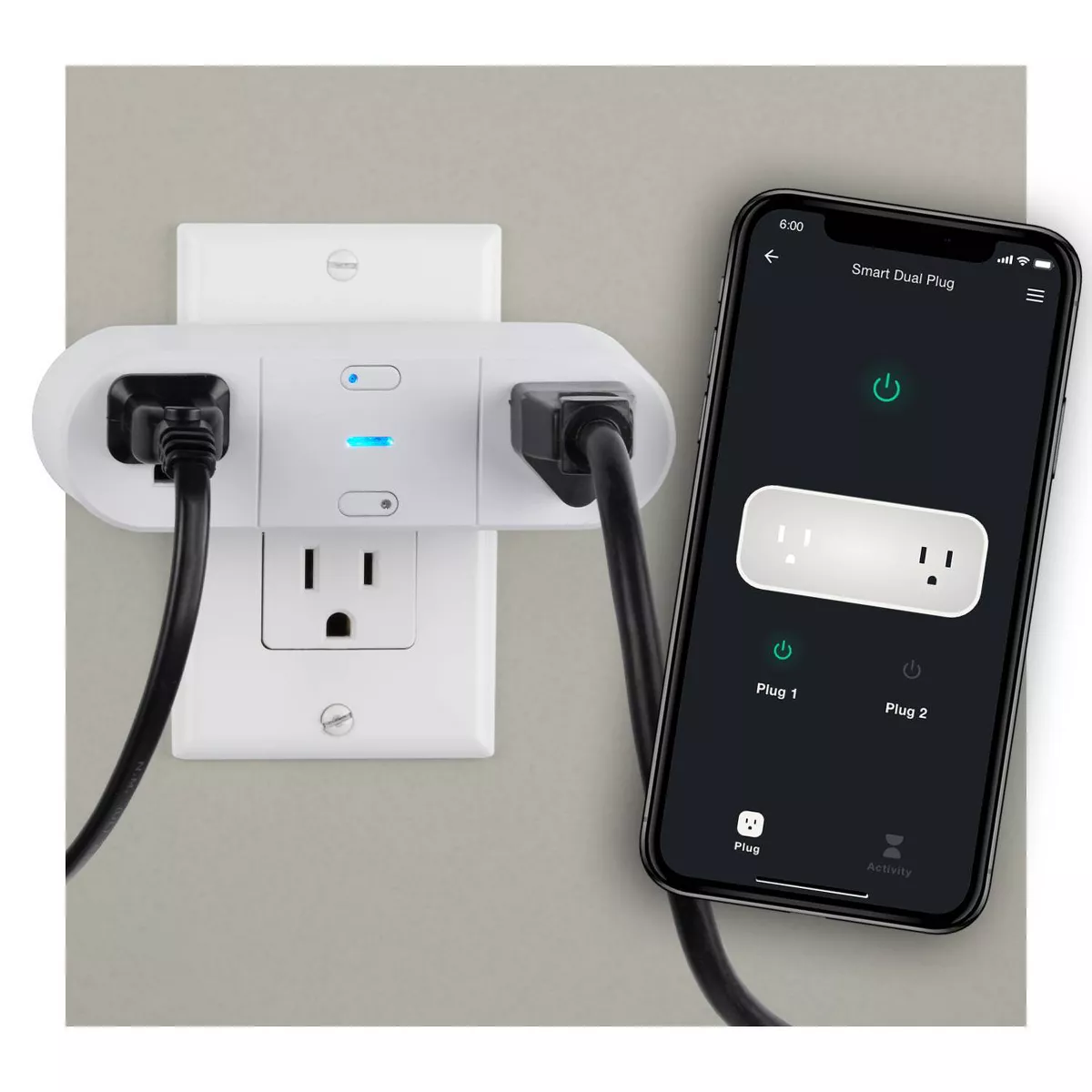 Smart White Wi-Fi Enabled Voice Activated 2 Grounded Outlets Indoor Plug 15A